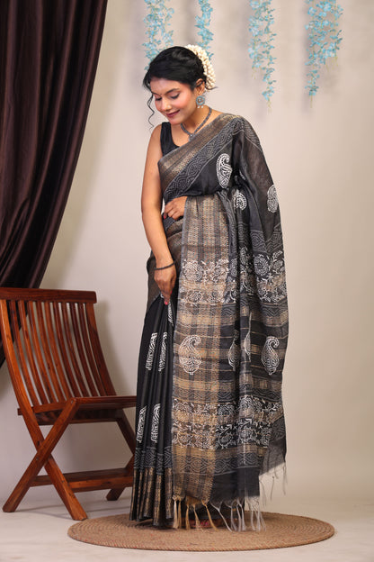 Anuttara Bhagalpuri Black & White Cotton Silk Paisley Saree with Unstitched Blouse_AFS1055-FS