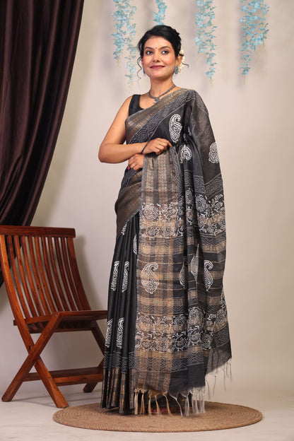 Anuttara Bhagalpuri Black & White Cotton Silk Paisley Saree with Unstitched Blouse_AFS1055-FS