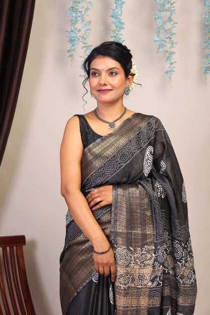 Anuttara Bhagalpuri Black & White Cotton Silk Paisley Saree with Unstitched Blouse_AFS1055-FS
