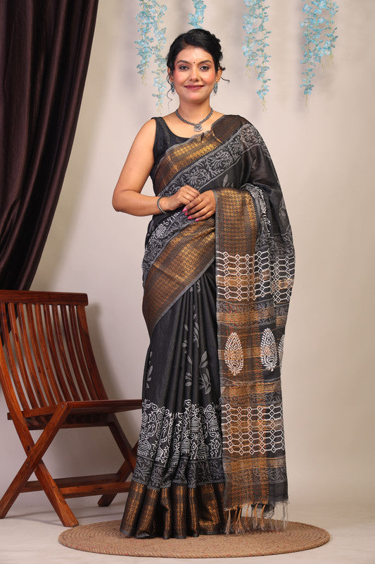 Anuttara Bhagalpuri Black & White Cotton Silk Floral/Tribal Saree with Unstitched Blouse_AFS1056-FS