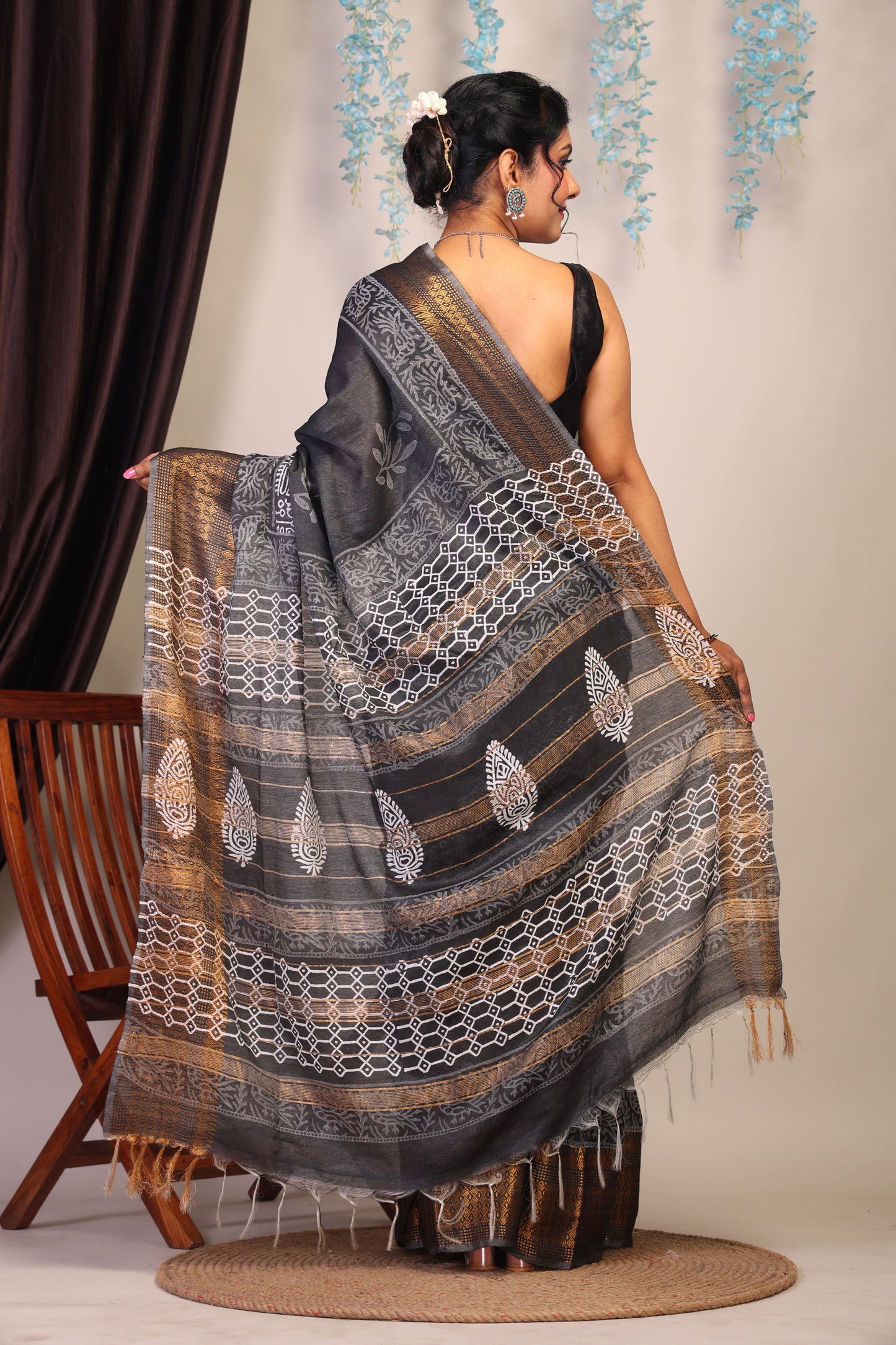 Anuttara Bhagalpuri Black & White Cotton Silk Floral/Tribal Saree with Unstitched Blouse_AFS1056-FS