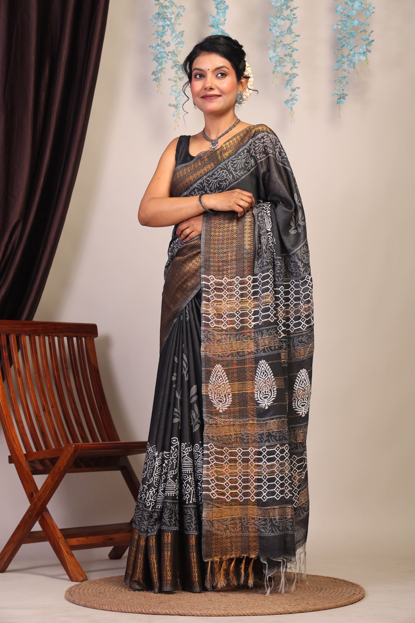 Anuttara Bhagalpuri Black & White Cotton Silk Floral/Tribal Saree with Unstitched Blouse_AFS1056-FS