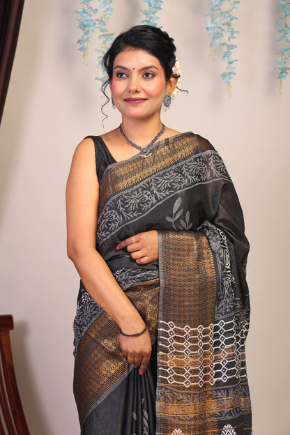 Anuttara Bhagalpuri Black & White Cotton Silk Floral/Tribal Saree with Unstitched Blouse_AFS1056-FS