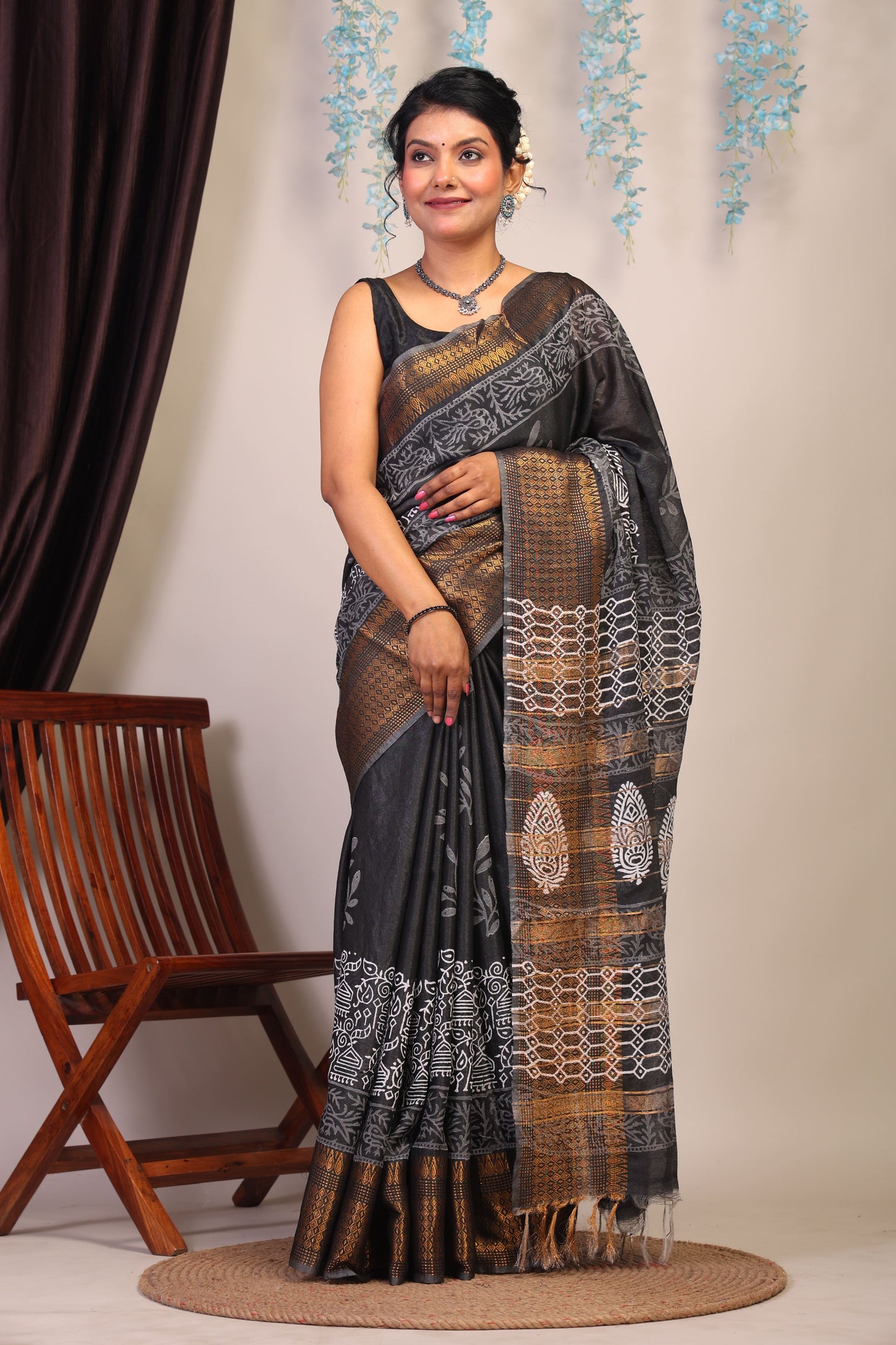 Anuttara Bhagalpuri Black & White Cotton Silk Floral/Tribal Saree with Unstitched Blouse_AFS1056-FS