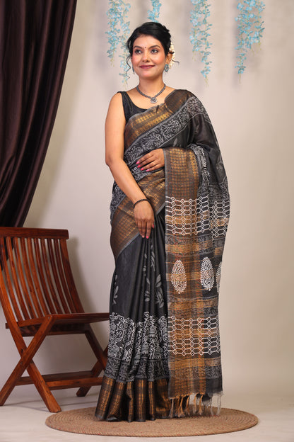 Anuttara Bhagalpuri Black & White Cotton Silk Floral/Tribal Saree with Unstitched Blouse_AFS1056-FS