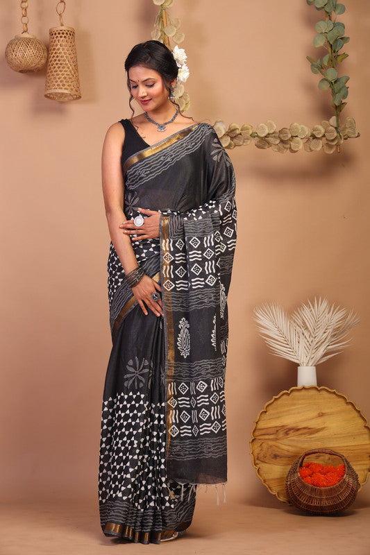 Anuttara Bhagalpuri Black & White Cotton Silk Geometric/Floral Saree with Unstitched Blouse_AFS1057-FS