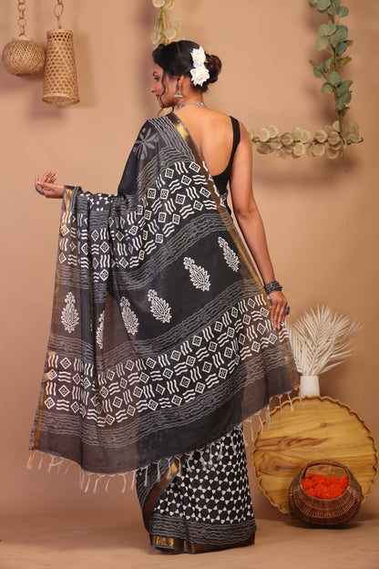Anuttara Bhagalpuri Black & White Cotton Silk Geometric/Floral Saree with Unstitched Blouse_AFS1057-FS