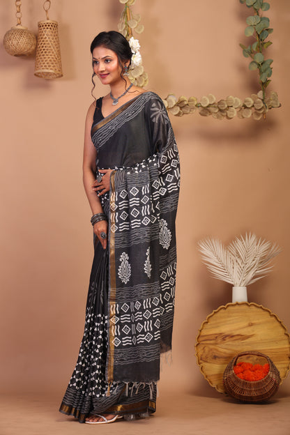 Anuttara Bhagalpuri Black & White Cotton Silk Geometric/Floral Saree with Unstitched Blouse_AFS1057-FS