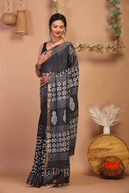 Anuttara Bhagalpuri Black & White Cotton Silk Geometric/Floral Saree with Unstitched Blouse_AFS1057-FS