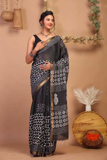 Anuttara Bhagalpuri Black & White Cotton Silk Geometric/Floral Saree with Unstitched Blouse_AFS1057-FS
