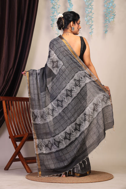 Anuttara Bhagalpuri Black & White Cotton Silk Floral Saree with Unstitched Blouse_AFS1058-FS