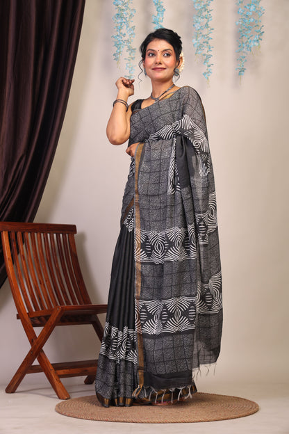 Anuttara Bhagalpuri Black & White Cotton Silk Floral Saree with Unstitched Blouse_AFS1058-FS