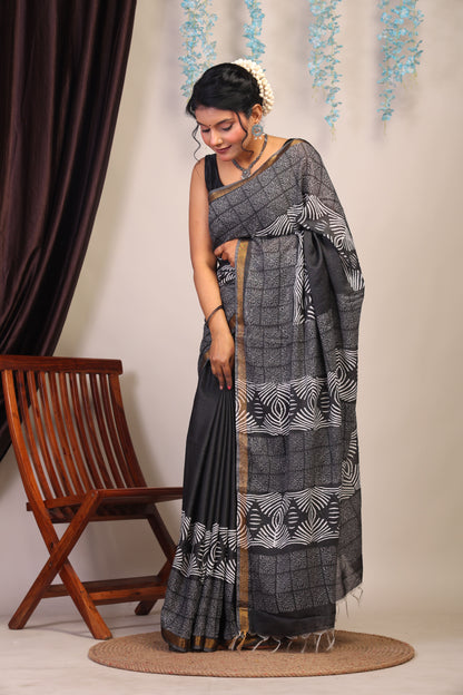 Anuttara Bhagalpuri Black & White Cotton Silk Floral Saree with Unstitched Blouse_AFS1058-FS