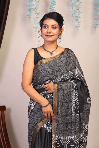Anuttara Bhagalpuri Black & White Cotton Silk Floral Saree with Unstitched Blouse_AFS1058-FS