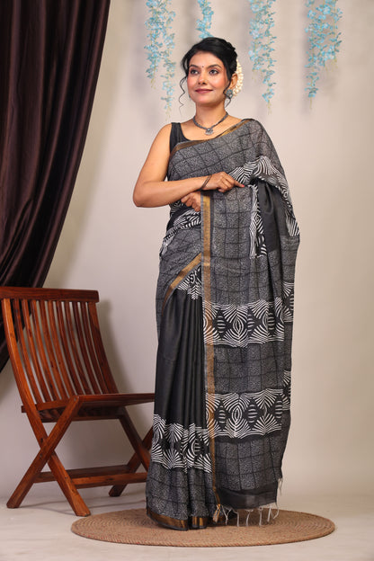 Anuttara Bhagalpuri Black & White Cotton Silk Floral Saree with Unstitched Blouse_AFS1058-FS