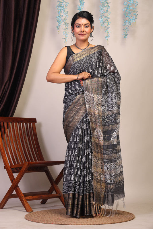 Anuttara Bhagalpuri Black & White Cotton Silk Paisley/Floral Saree with Unstitched Blouse_AFS1059-FS