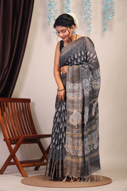 Anuttara Bhagalpuri Black & White Cotton Silk Paisley/Floral Saree with Unstitched Blouse_AFS1059-FS