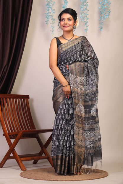 Anuttara Bhagalpuri Black & White Cotton Silk Paisley/Floral Saree with Unstitched Blouse_AFS1059-FS
