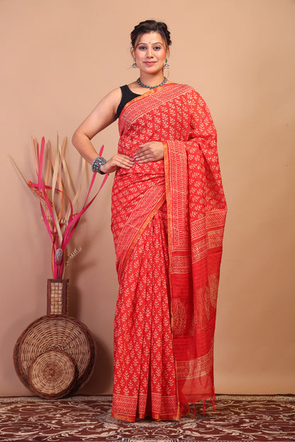 Anuttara Bhagalpuri Red Cotton Silk Floral Saree with Unstitched Blouse_AFS1061-FS
