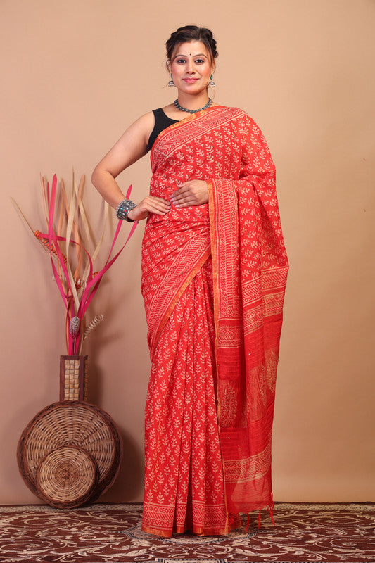 Anuttara Bhagalpuri Red Cotton Silk Floral Saree with Unstitched Blouse_AFS1061-FS
