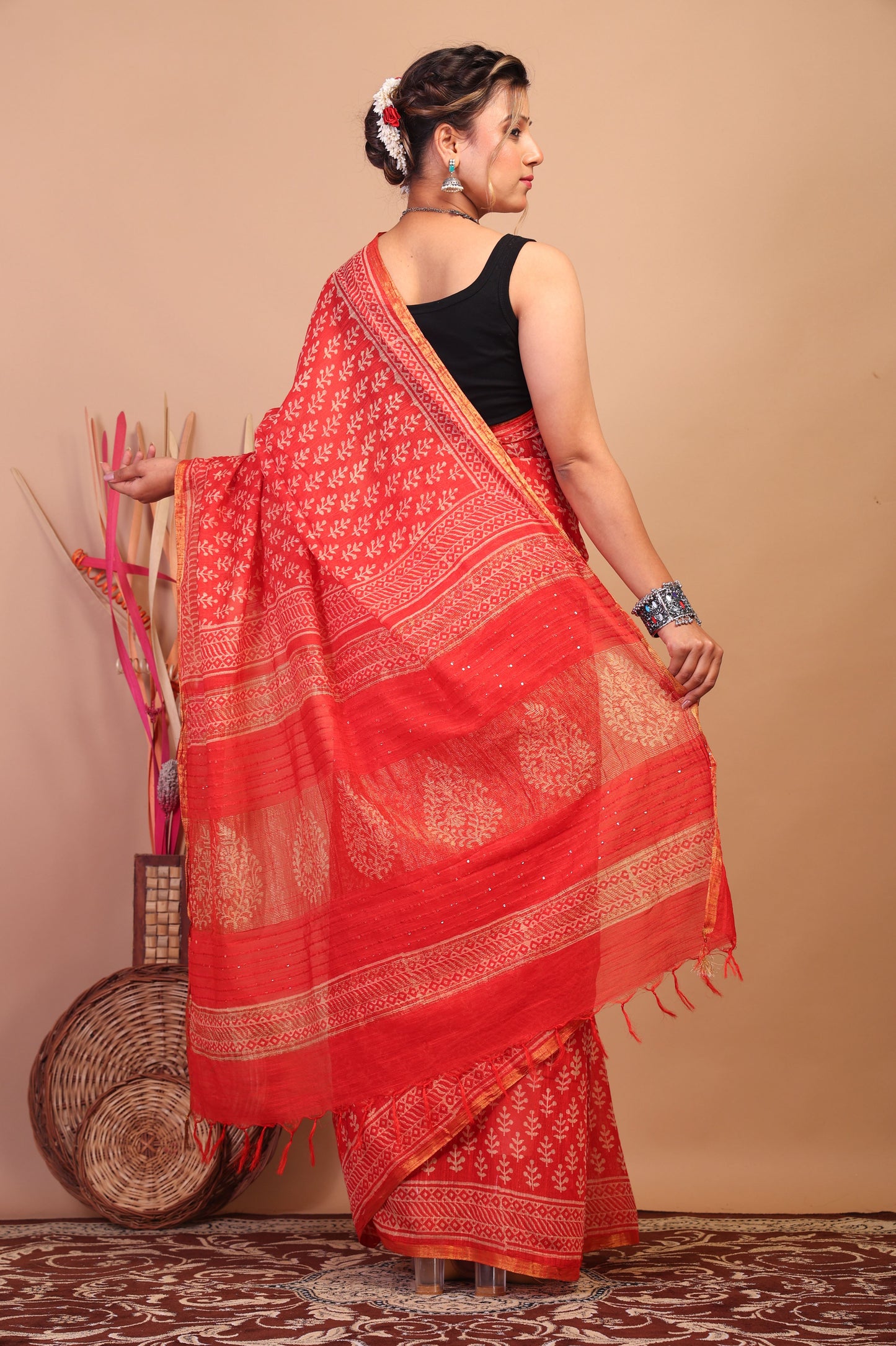 Anuttara Bhagalpuri Red Cotton Silk Floral Saree with Unstitched Blouse_AFS1061-FS
