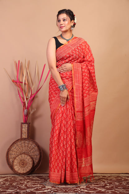 Anuttara Bhagalpuri Red Cotton Silk Floral Saree with Unstitched Blouse_AFS1061-FS