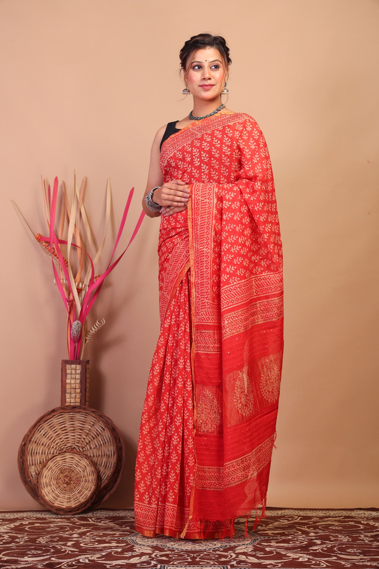 Anuttara Bhagalpuri Red Cotton Silk Floral Saree with Unstitched Blouse_AFS1061-FS