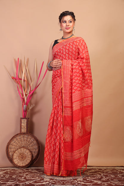 Anuttara Bhagalpuri Red Cotton Silk Floral Saree with Unstitched Blouse_AFS1061-FS
