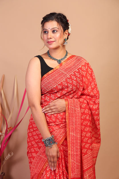 Anuttara Bhagalpuri Red Cotton Silk Floral Saree with Unstitched Blouse_AFS1061-FS