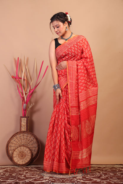 Anuttara Bhagalpuri Red Cotton Silk Floral Saree with Unstitched Blouse_AFS1061-FS