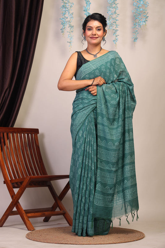 Anuttara Bhagalpuri Teal Green Cotton Silk Floral Saree with Unstitched Blouse_AFS1072-FS