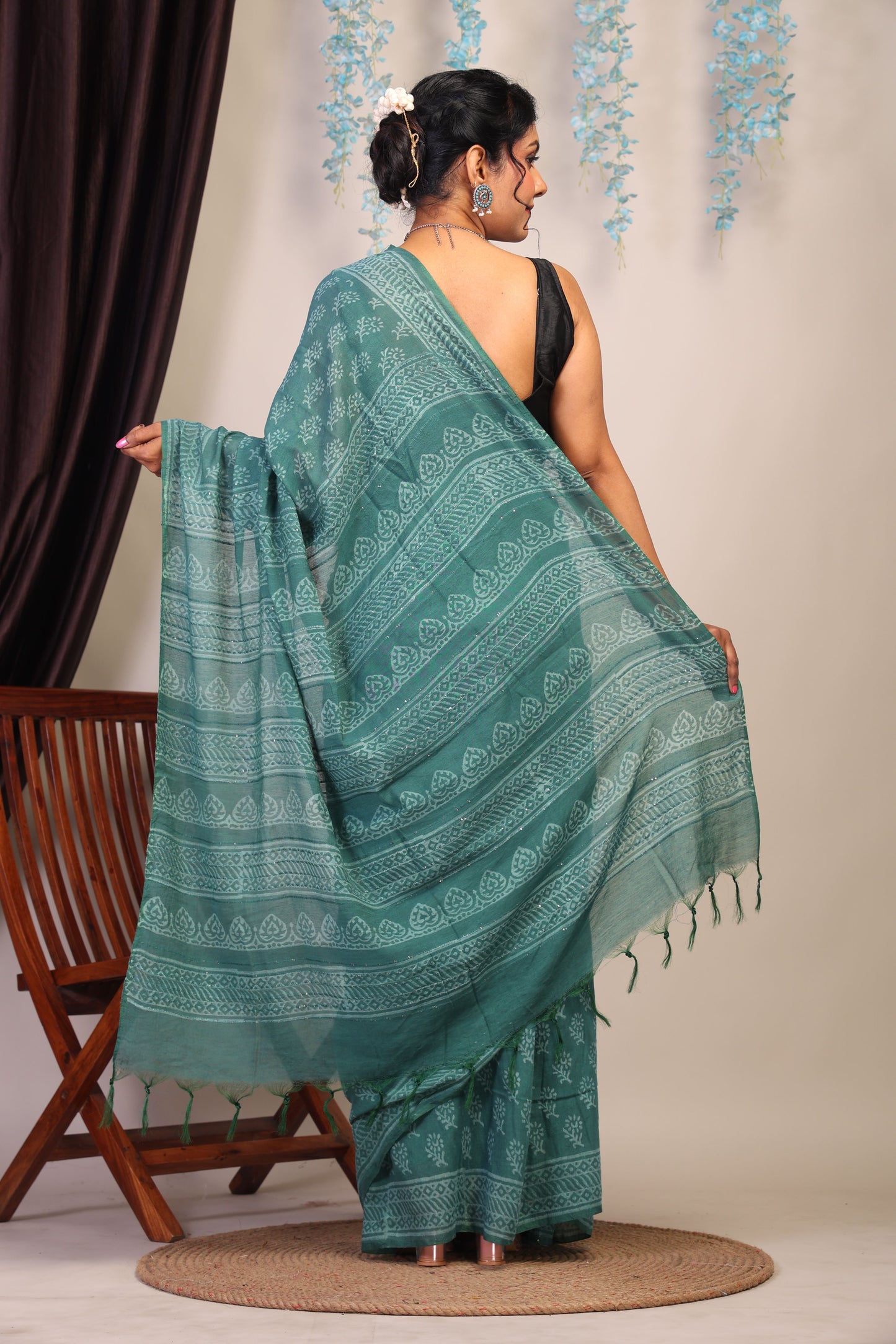 Anuttara Bhagalpuri Teal Green Cotton Silk Floral Saree with Unstitched Blouse_AFS1072-FS