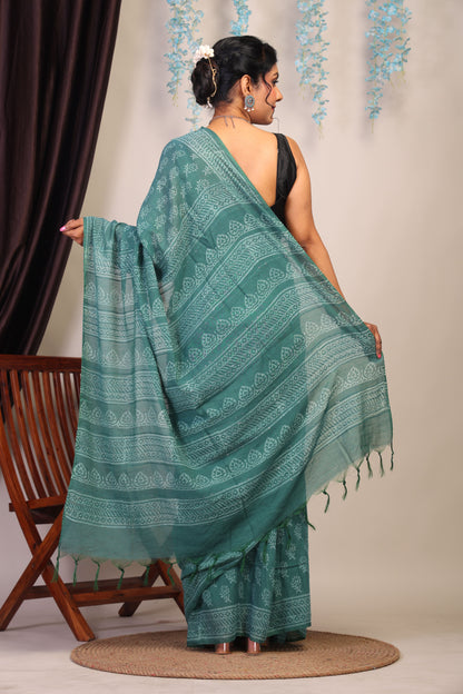 Anuttara Bhagalpuri Teal Green Cotton Silk Floral Saree with Unstitched Blouse_AFS1072-FS