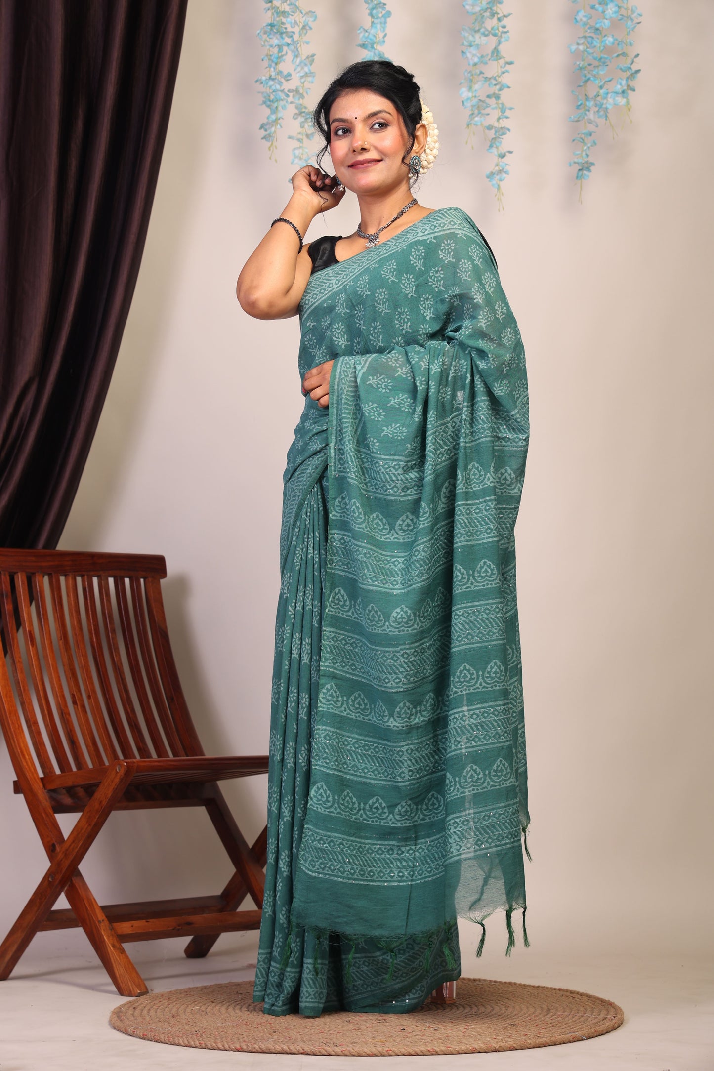 Anuttara Bhagalpuri Teal Green Cotton Silk Floral Saree with Unstitched Blouse_AFS1072-FS