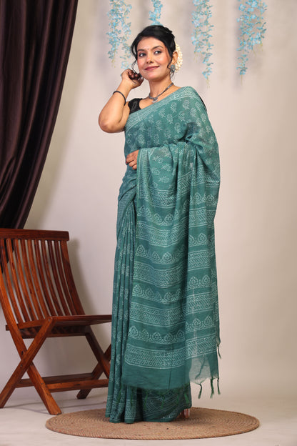 Anuttara Bhagalpuri Teal Green Cotton Silk Floral Saree with Unstitched Blouse_AFS1072-FS