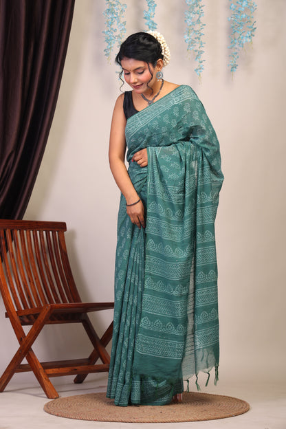 Anuttara Bhagalpuri Teal Green Cotton Silk Floral Saree with Unstitched Blouse_AFS1072-FS