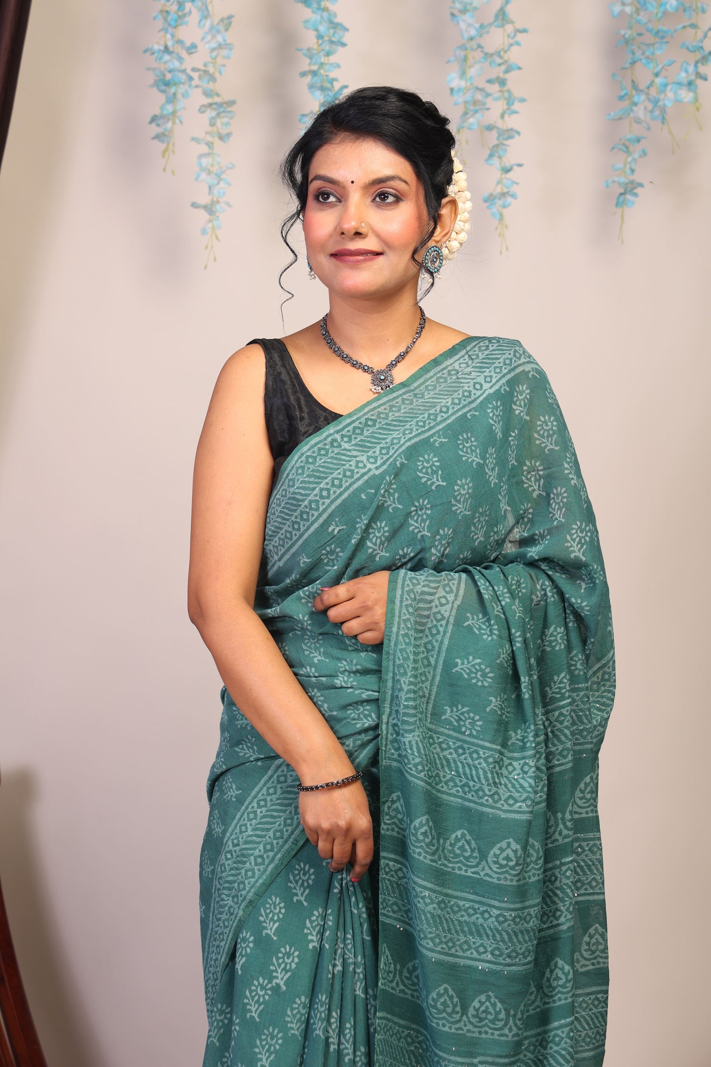 Anuttara Bhagalpuri Teal Green Cotton Silk Floral Saree with Unstitched Blouse_AFS1072-FS