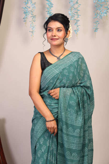 Anuttara Bhagalpuri Teal Green Cotton Silk Floral Saree with Unstitched Blouse_AFS1072-FS