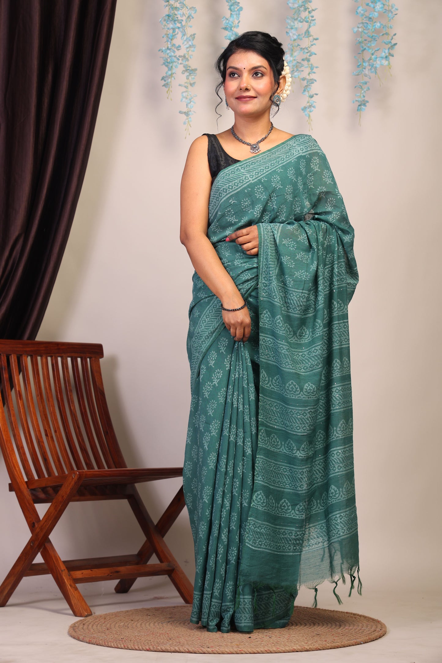 Anuttara Bhagalpuri Teal Green Cotton Silk Floral Saree with Unstitched Blouse_AFS1072-FS