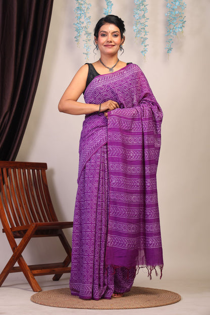 Anuttara Bhagalpuri Purple Cotton Silk Geometric Saree with Unstitched Blouse_AFS1074-FS