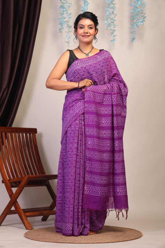Anuttara Bhagalpuri Purple Cotton Silk Geometric Saree with Unstitched Blouse_AFS1074-FS