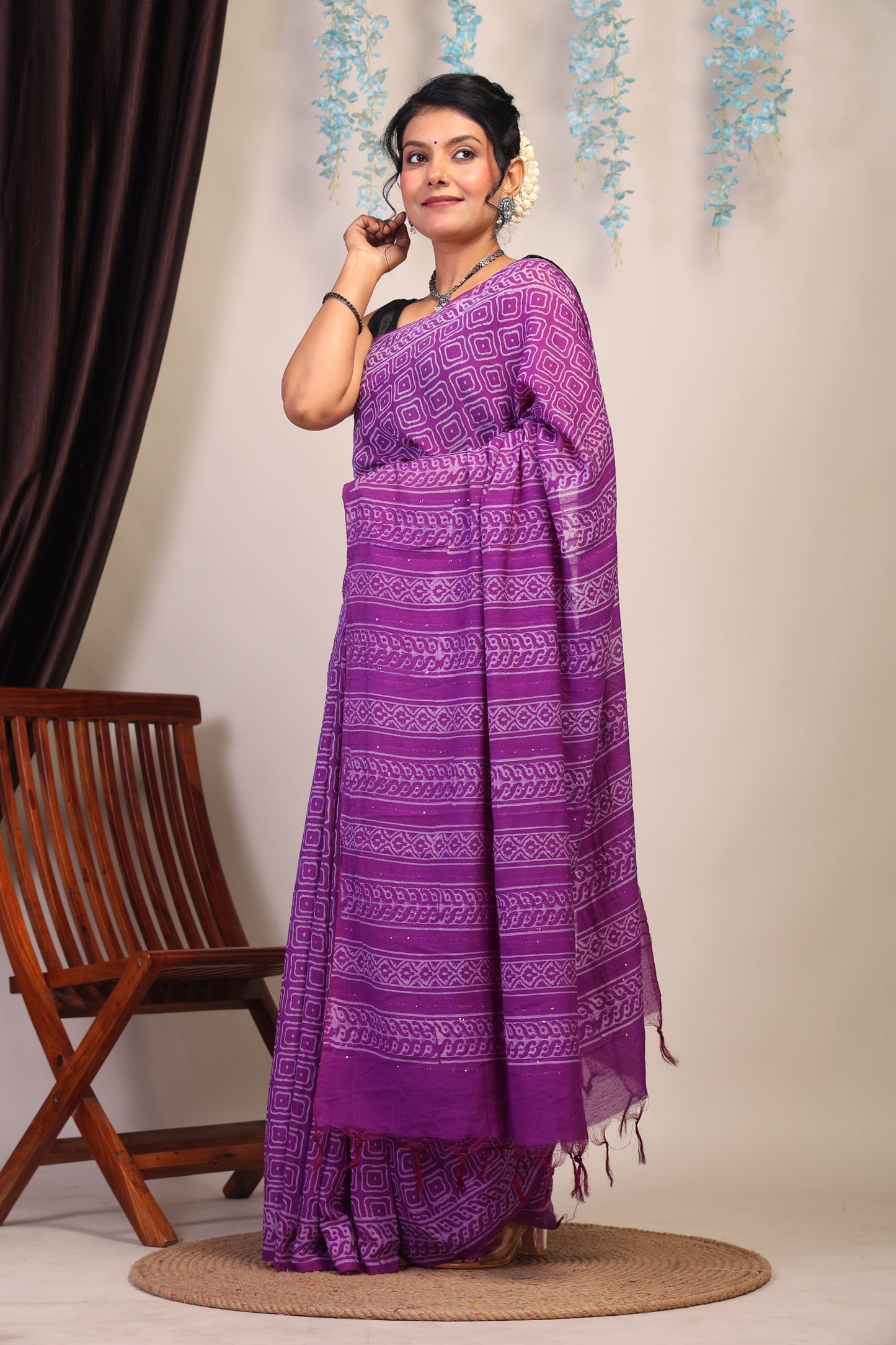 Anuttara Bhagalpuri Purple Cotton Silk Geometric Saree with Unstitched Blouse_AFS1074-FS
