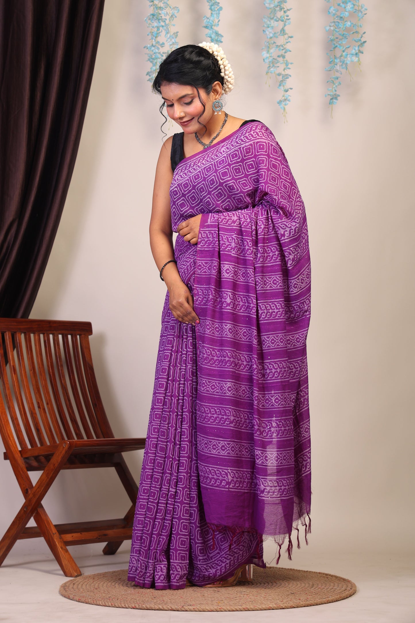 Anuttara Bhagalpuri Purple Cotton Silk Geometric Saree with Unstitched Blouse_AFS1074-FS