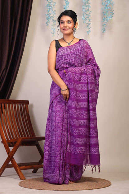 Anuttara Bhagalpuri Purple Cotton Silk Geometric Saree with Unstitched Blouse_AFS1074-FS