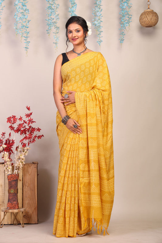 Anuttara Bhagalpuri Yellow Cotton Silk Floral Saree with Unstitched Blouse_AFS1075-FS