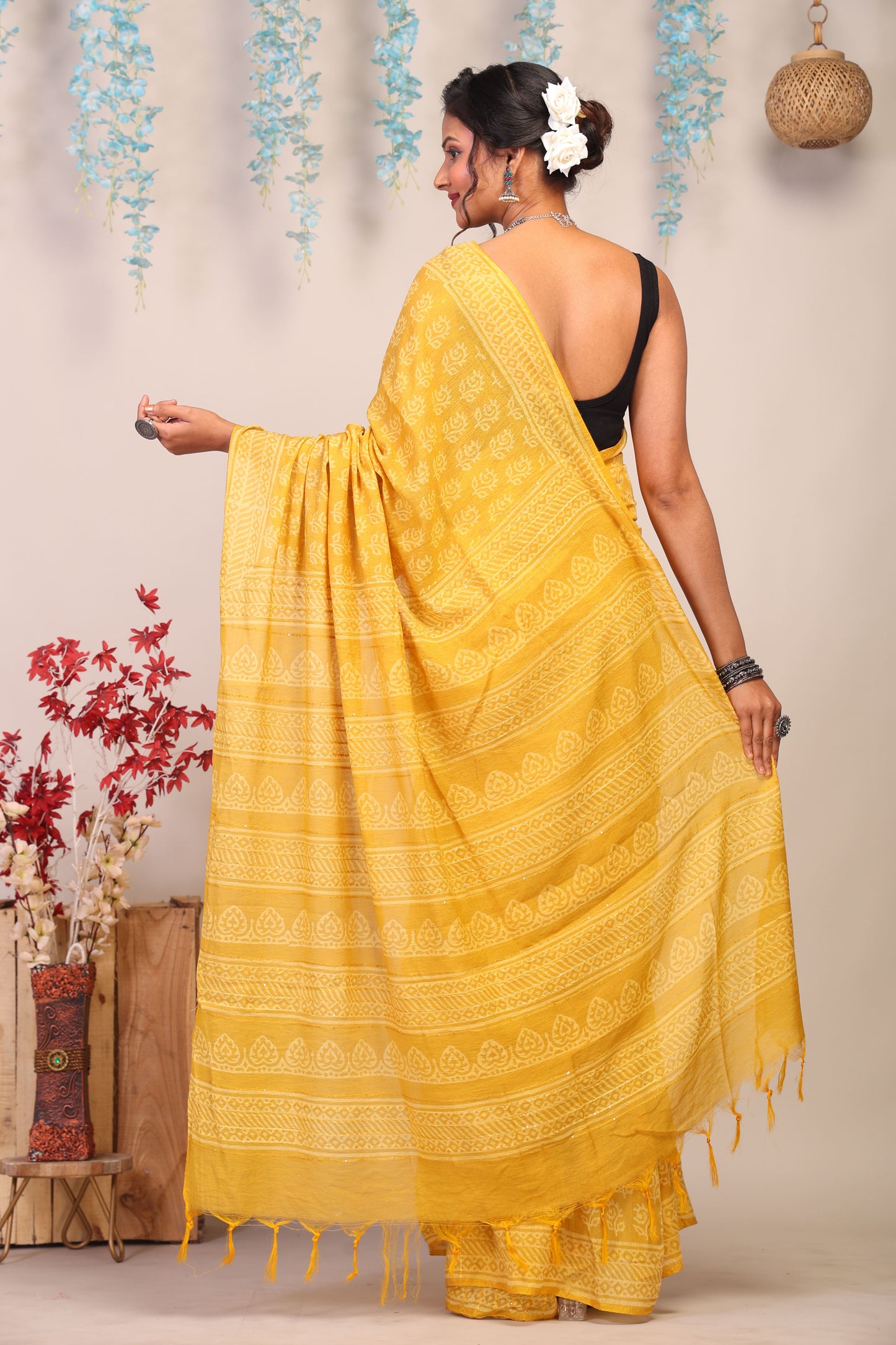 Anuttara Bhagalpuri Yellow Cotton Silk Floral Saree with Unstitched Blouse_AFS1075-FS