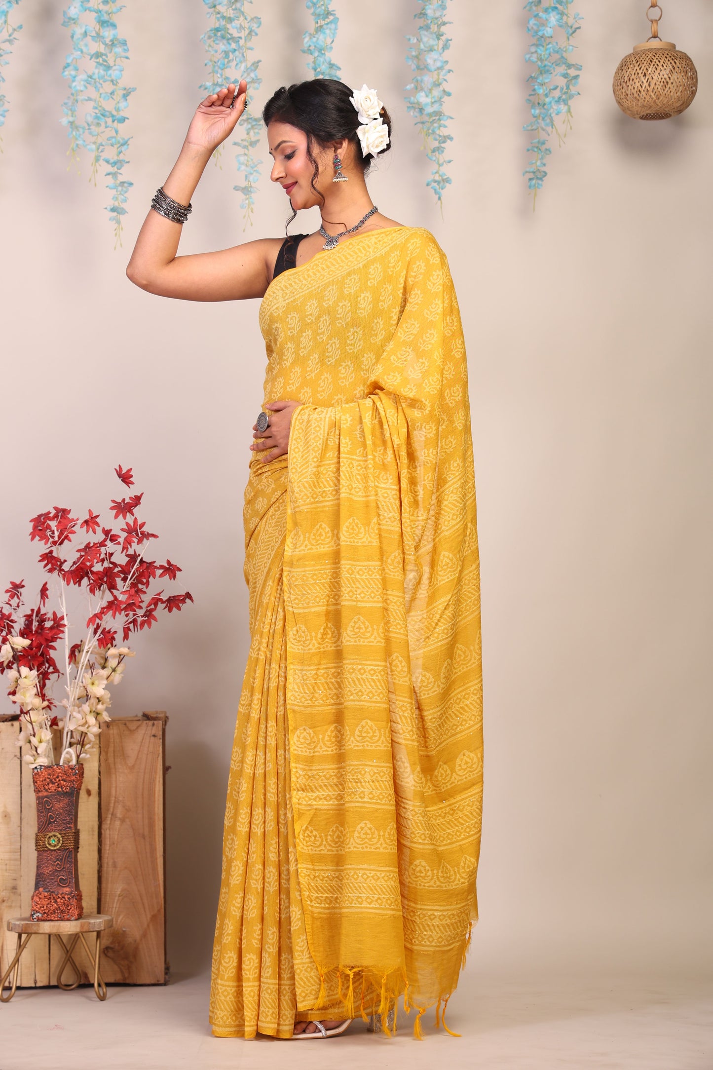 Anuttara Bhagalpuri Yellow Cotton Silk Floral Saree with Unstitched Blouse_AFS1075-FS