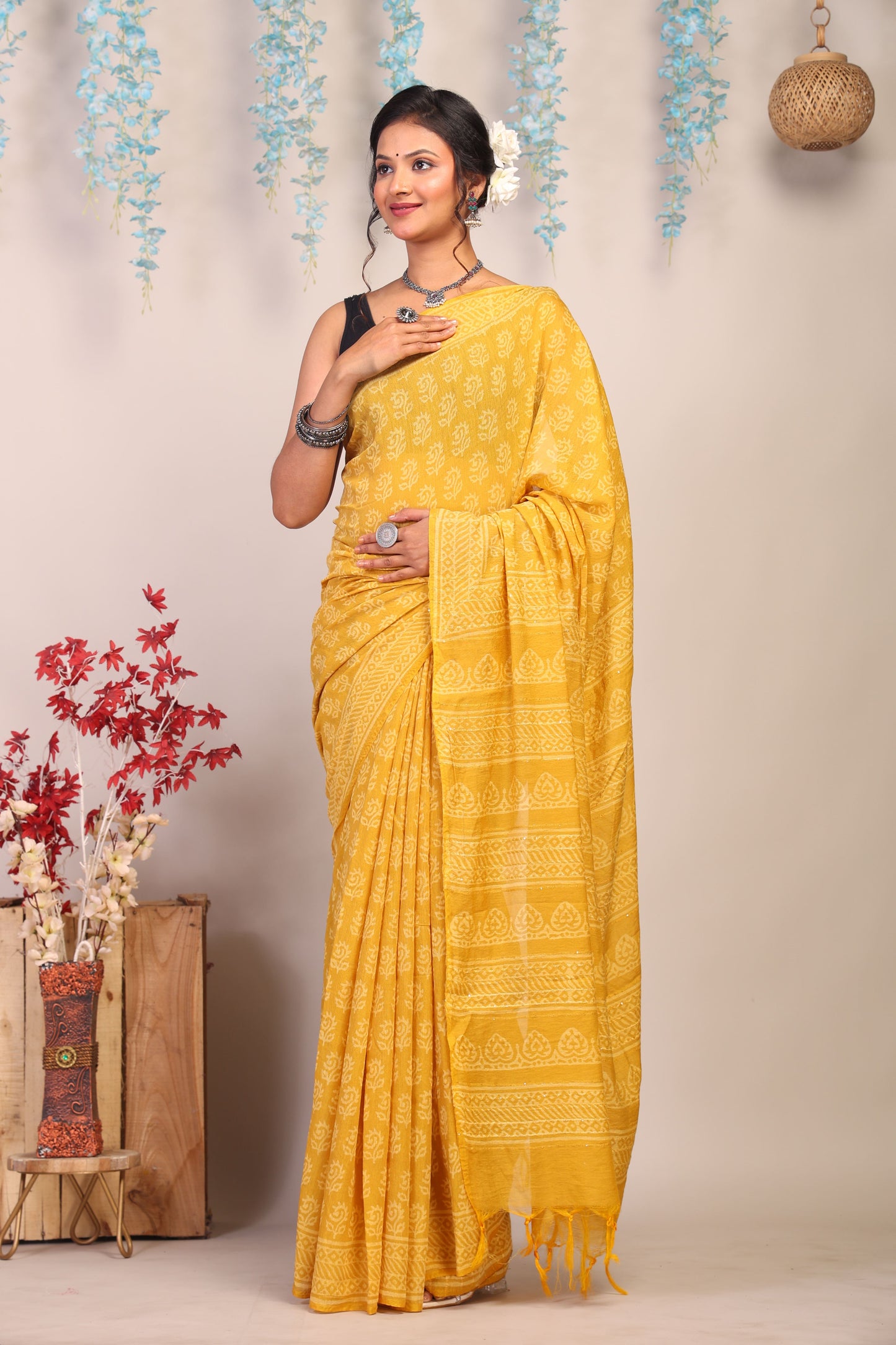 Anuttara Bhagalpuri Yellow Cotton Silk Floral Saree with Unstitched Blouse_AFS1075-FS