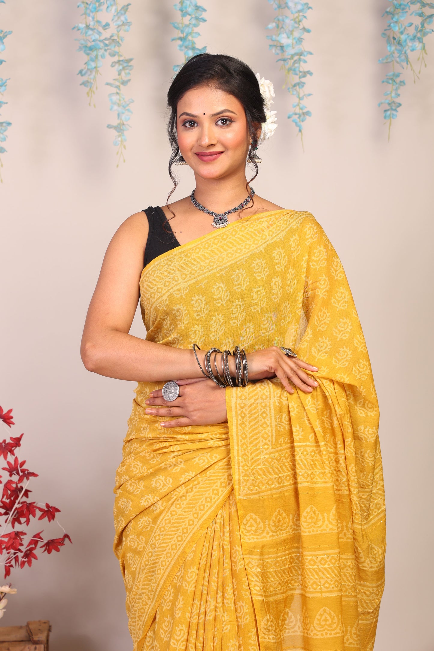 Anuttara Bhagalpuri Yellow Cotton Silk Floral Saree with Unstitched Blouse_AFS1075-FS