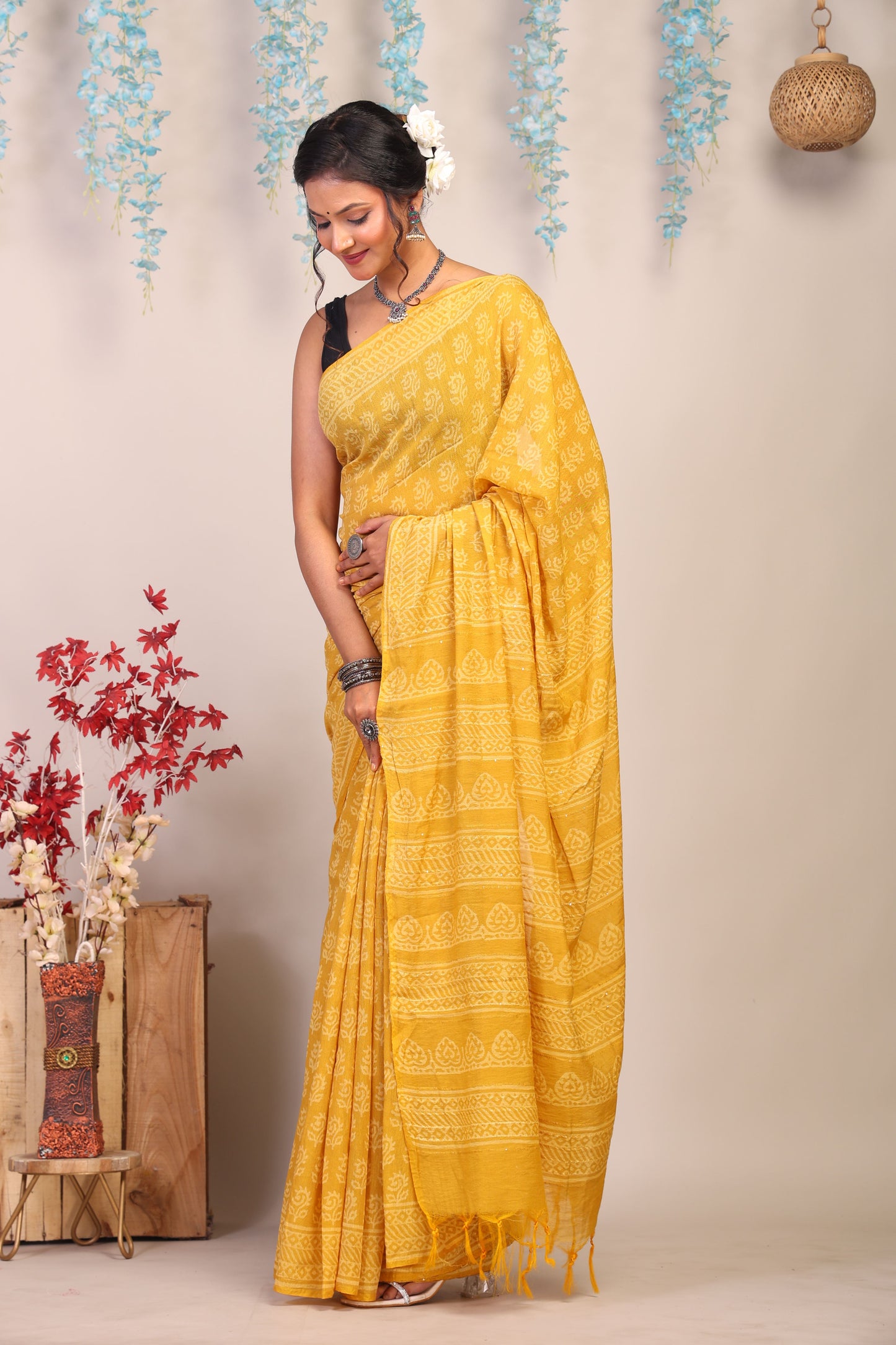 Anuttara Bhagalpuri Yellow Cotton Silk Floral Saree with Unstitched Blouse_AFS1075-FS